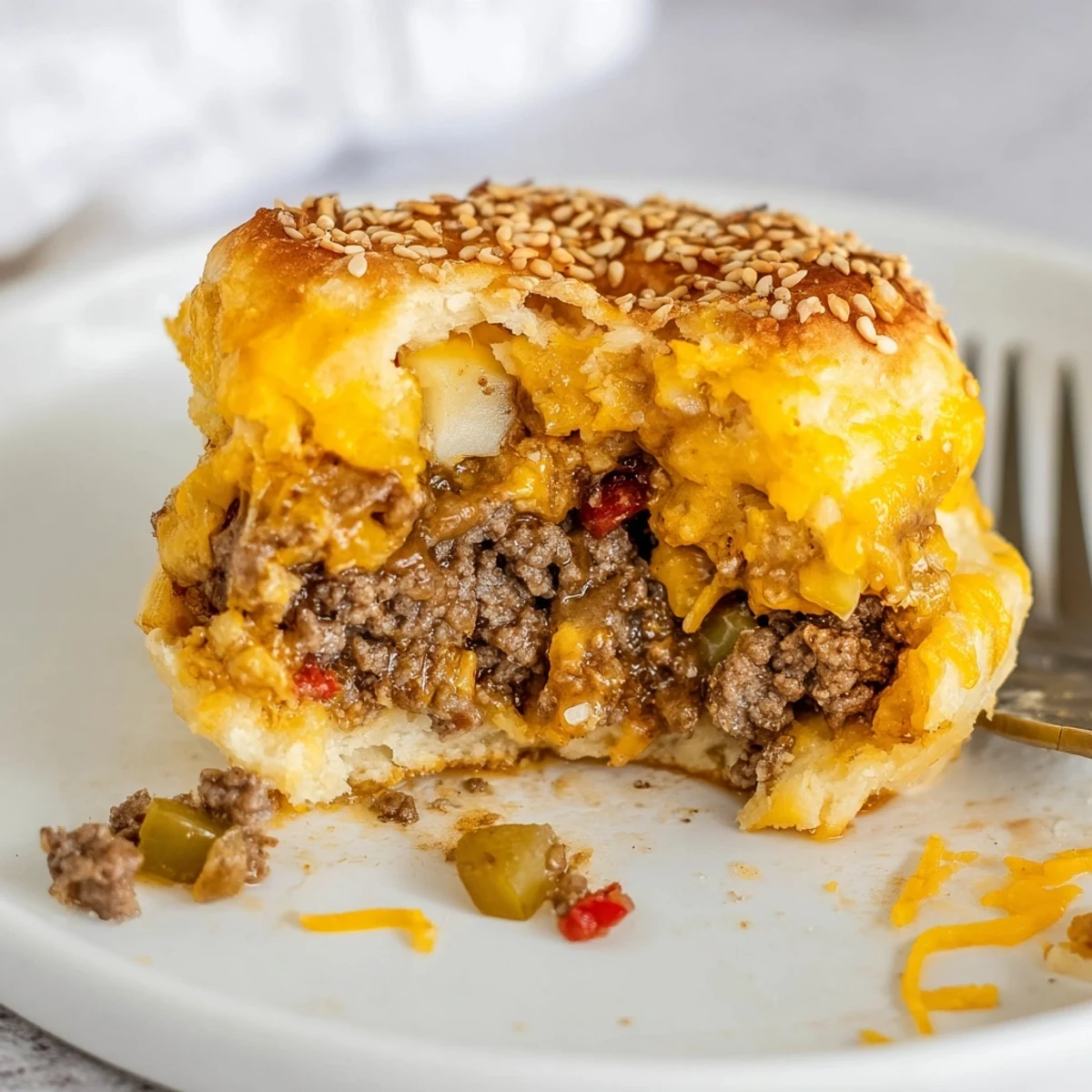 Golden biscuit wrapped Cheesy Cheeseburger Bombs Explosion Recipe with gooey cheddar oozing