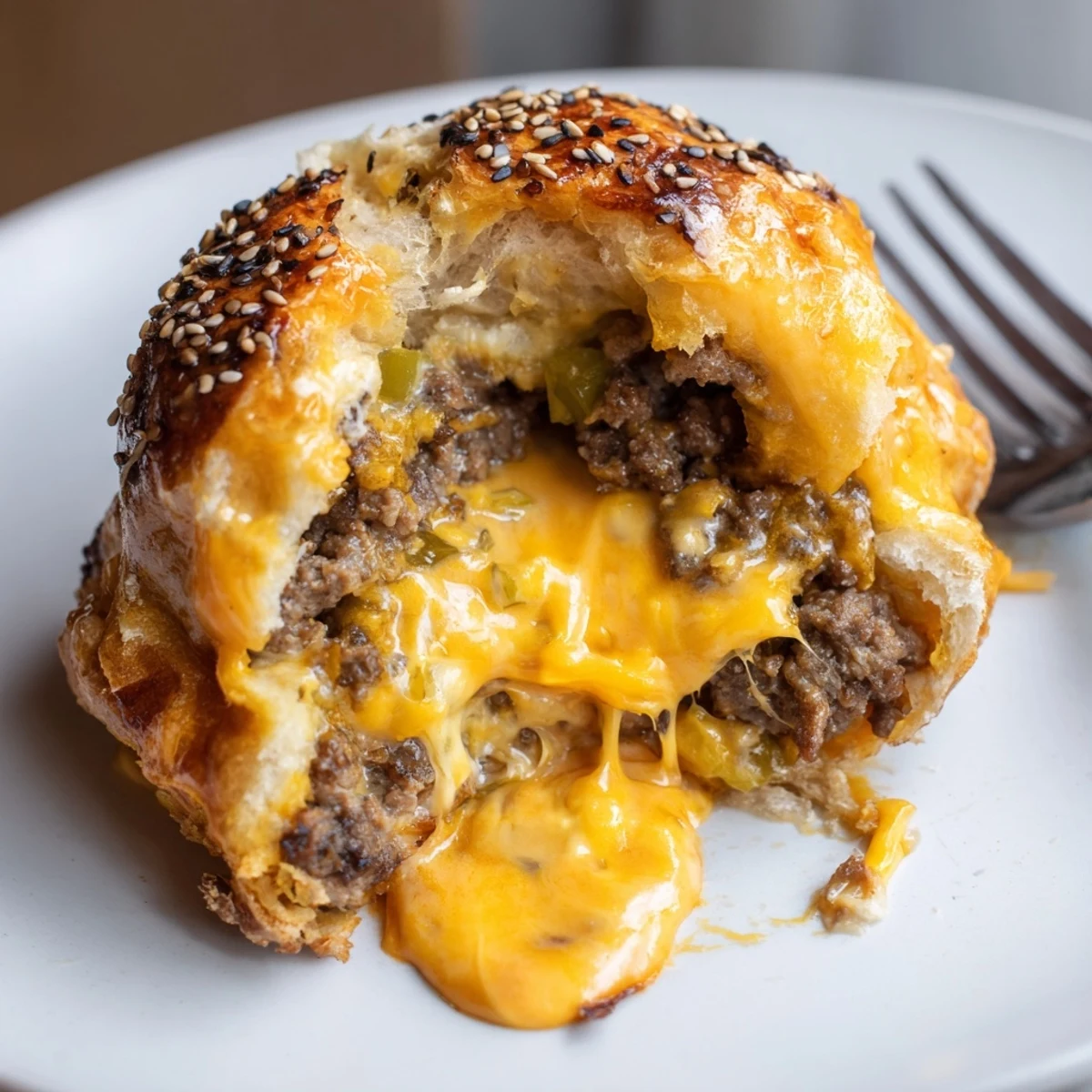 Fresh from oven Cheesy Cheeseburger Bombs Explosion Recipe, sesame-crusted and steaming, serve with ketchup