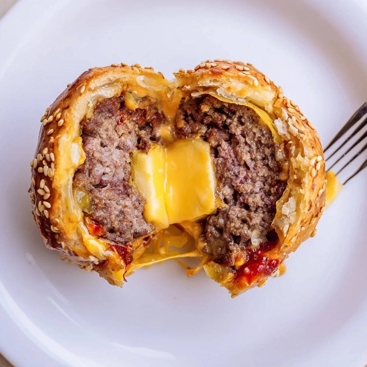 Handheld Cheesy Cheeseburger Bombs Explosion Recipe showing molten mozzarella center, tangy pickle bits