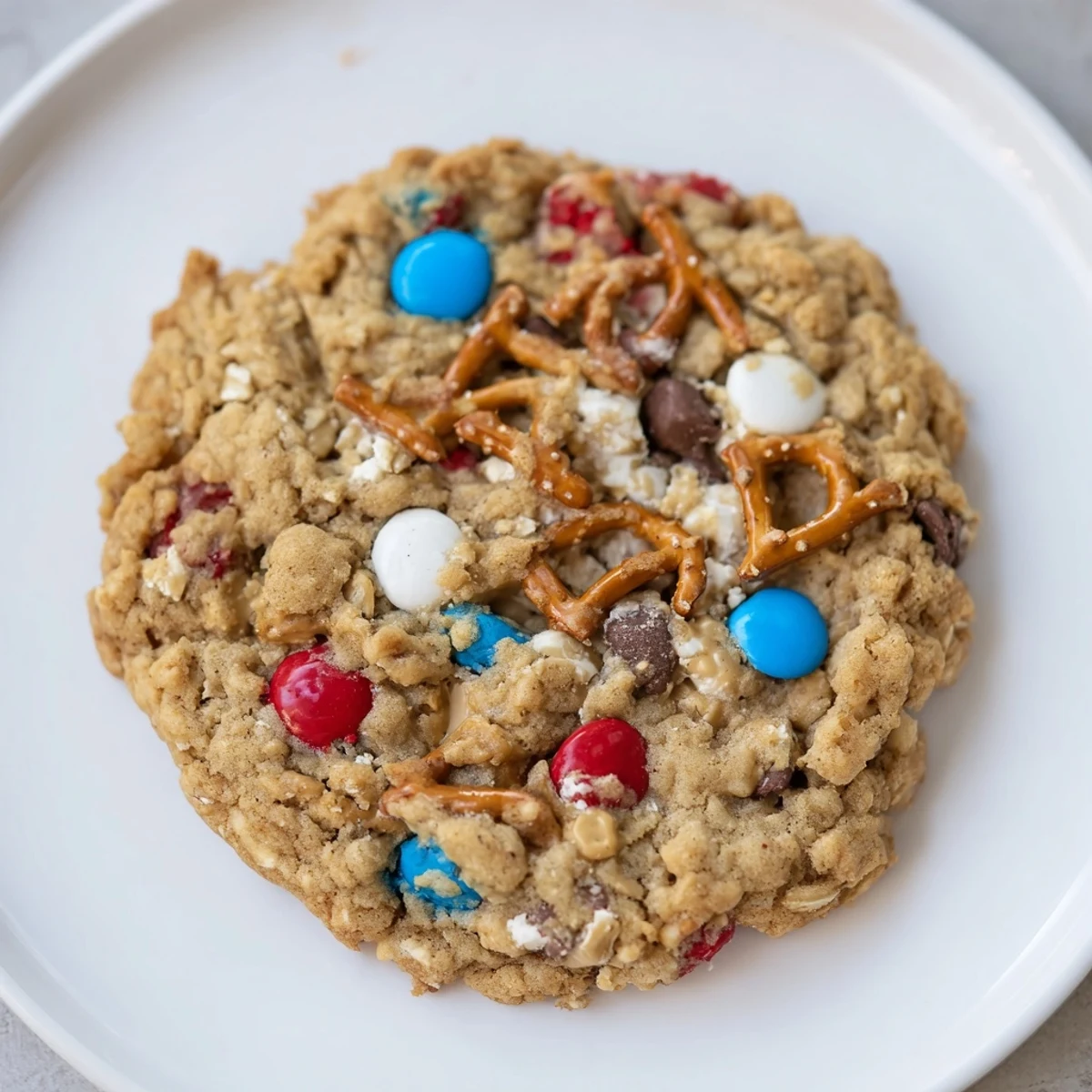 Warm Patriotic Monster Cookies Recipe with peanut butter, red, white, blue candies.
