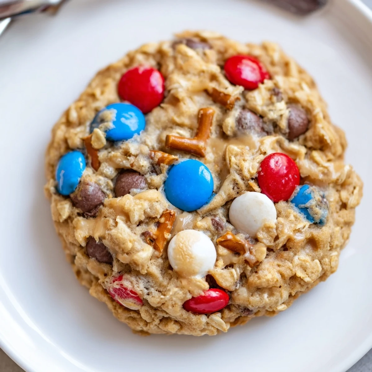Stack of Patriotic Monster Cookies Recipe served with cold milk, salty pretzel crunch.