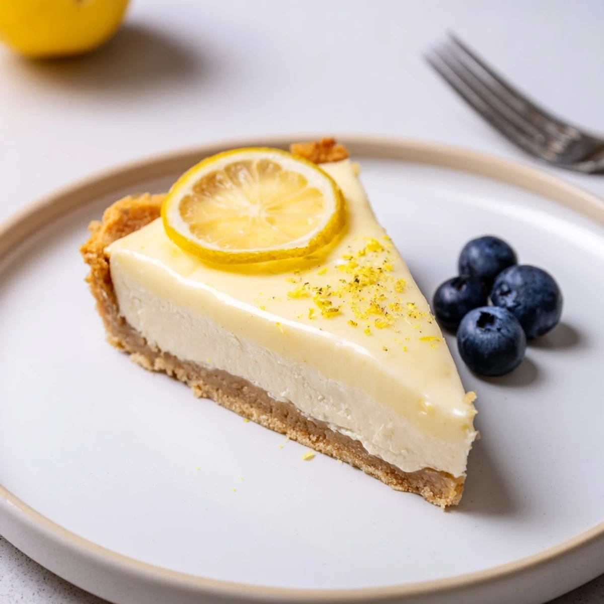 A slice from the Creamy Lemon Tart Recipe dusted with powdered sugar