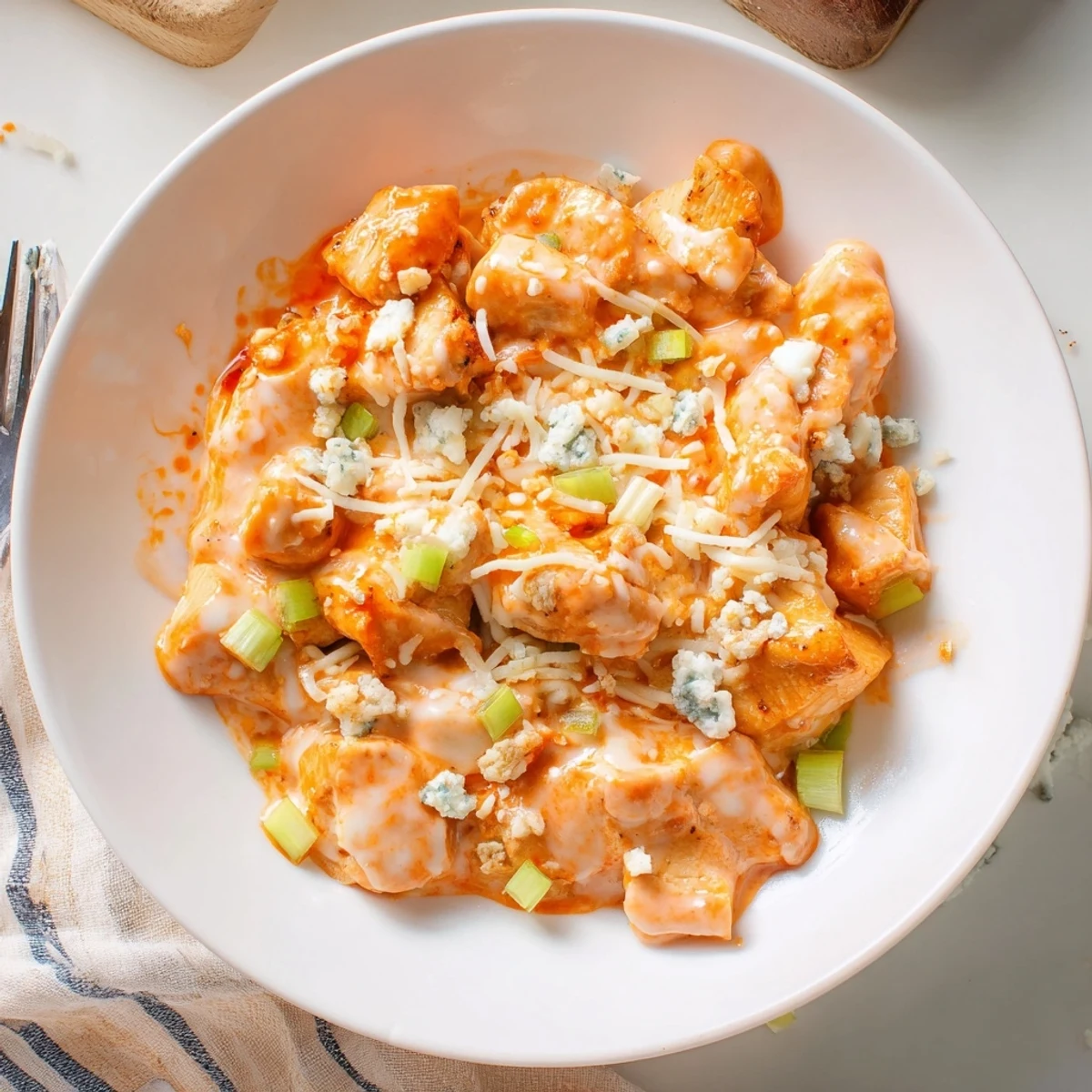 Weeknight Keto Buffalo Chicken Skillet served over cauliflower rice, vibrant peppers.