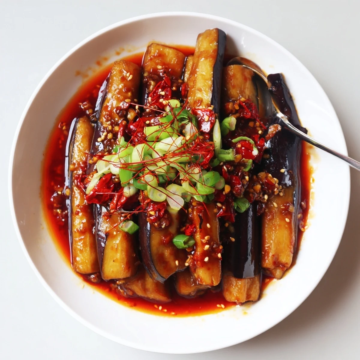 Sichuan Style Braised Aubergines tender eggplant batons in aromatic chili oil