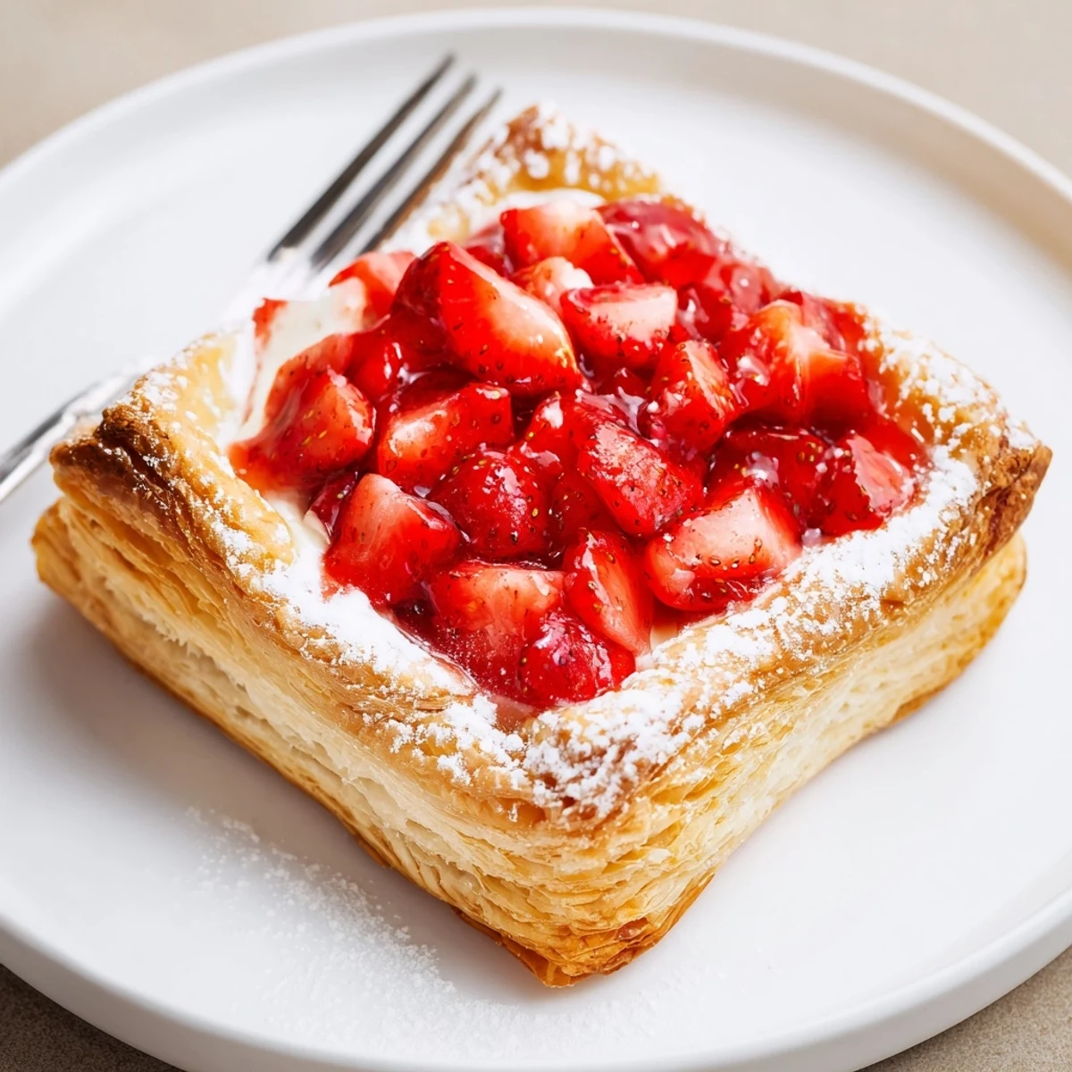 Warm Strawberry Danish recipe with flaky golden pastry, cream cheese, juicy strawberries.