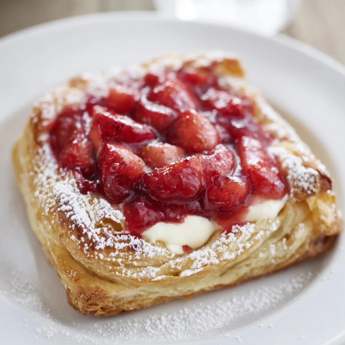Baked Strawberry Danish recipe on parchment, steaming, topped with glossy vanilla glaze.