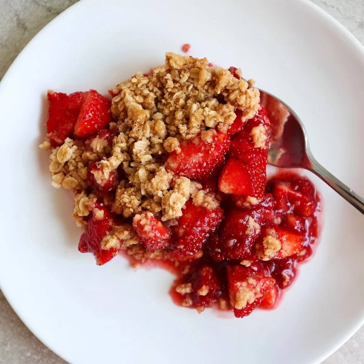 Fresh Strawberry Crisp bubbling with syrup, golden oat topping, served warm.