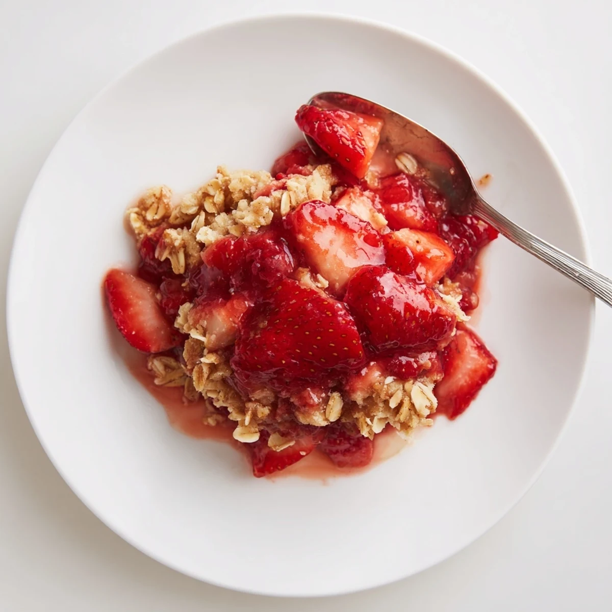 Slice of Fresh Strawberry Crisp topped with whipped cream, juicy berries.
