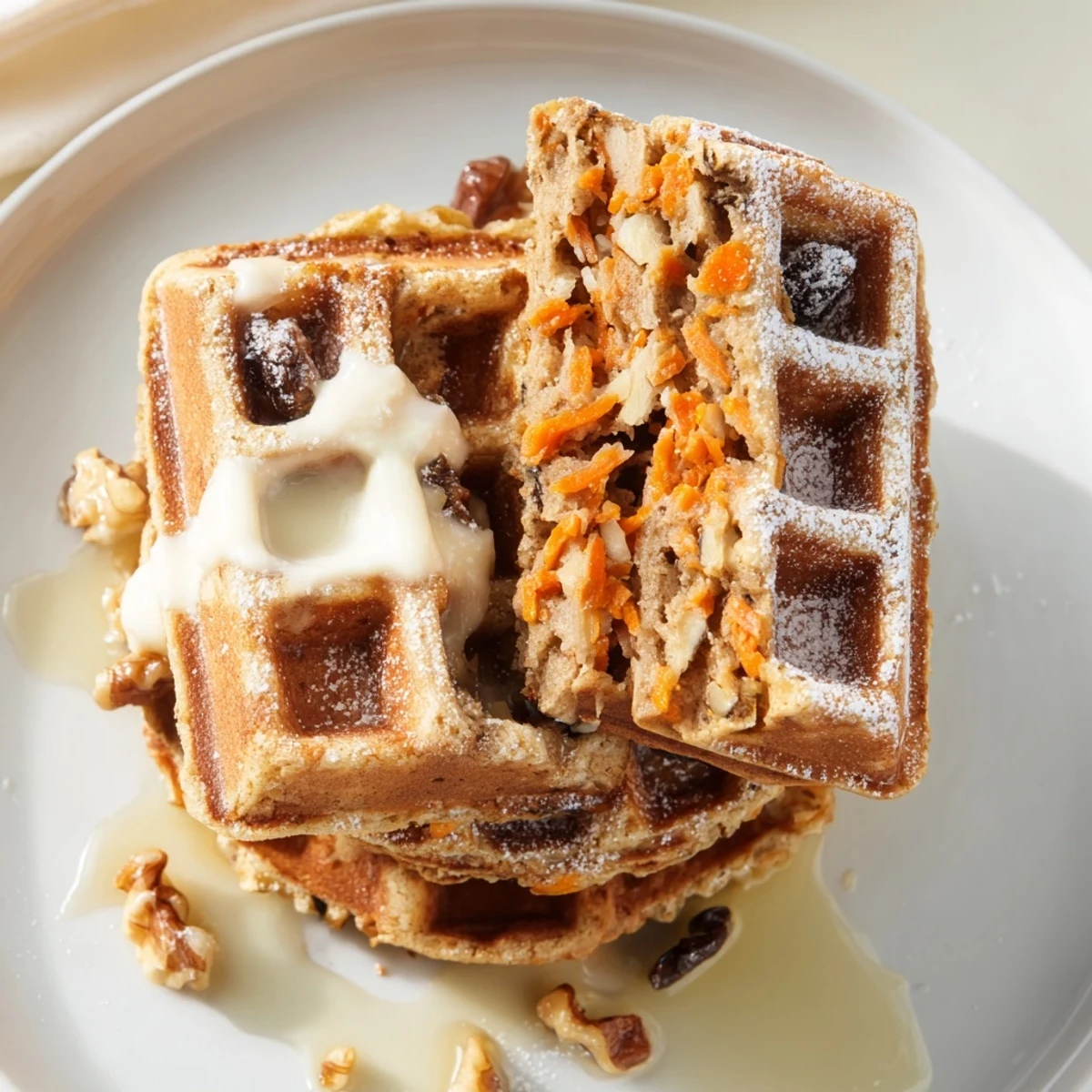 Carrot Cake Waffles stacked, golden crisp edges, warm cinnamon aroma, cream cheese glaze
