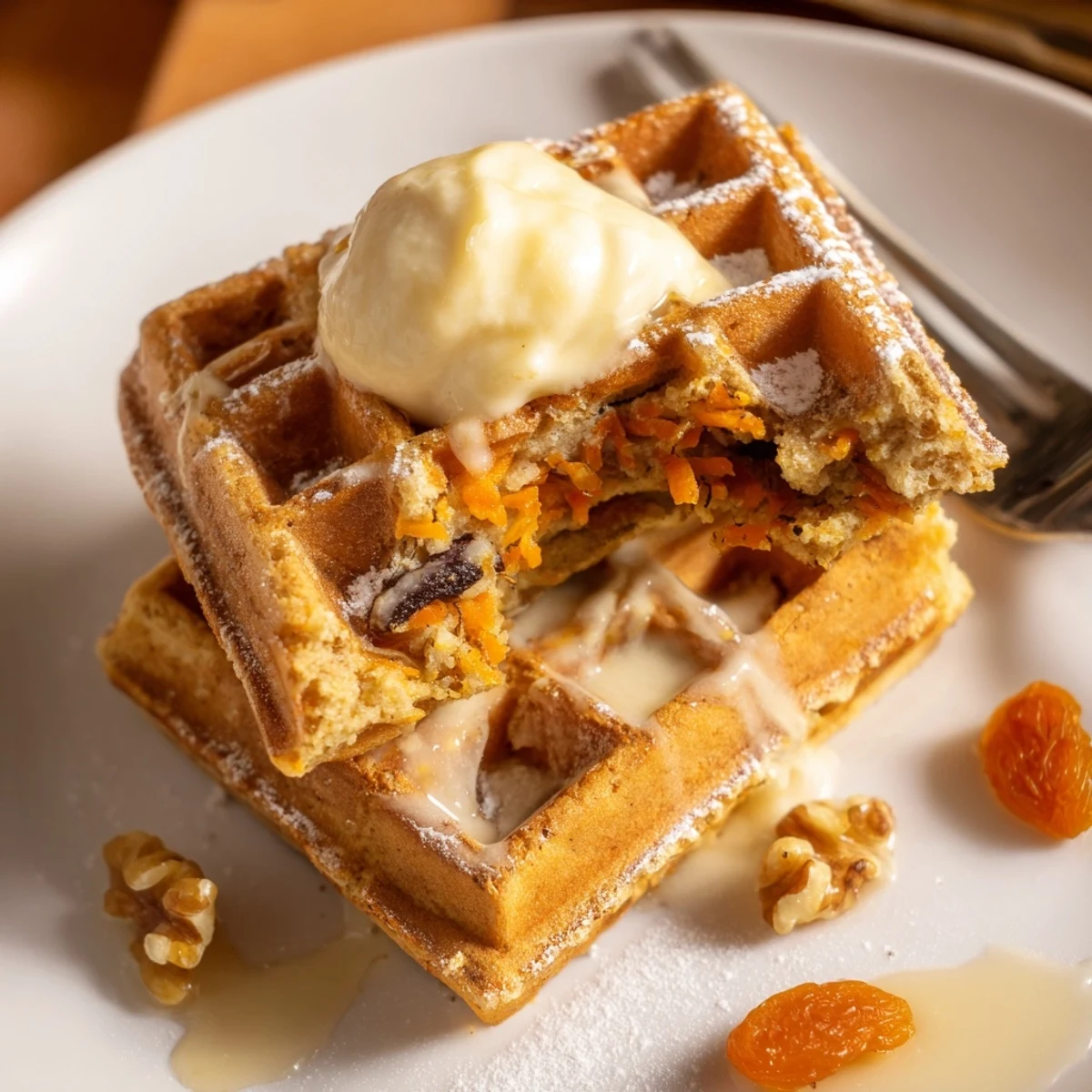Homestyle Carrot Cake Waffles with grated carrots, nutty crunch, maple syrup drizzle