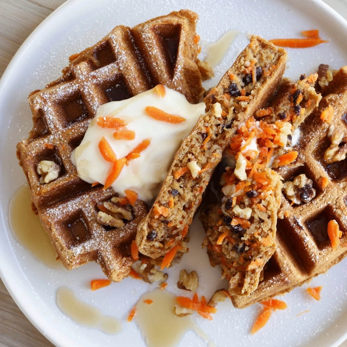 Freshly made Carrot Cake Waffles on a plate, soft interior, spiced fragrance