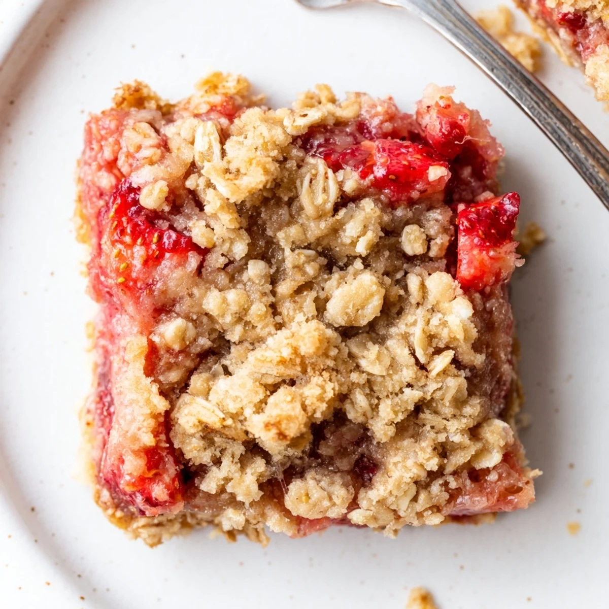 Warm Strawberry Oatmeal Crumble Bars Recipe cooling on parchment, golden oat topping