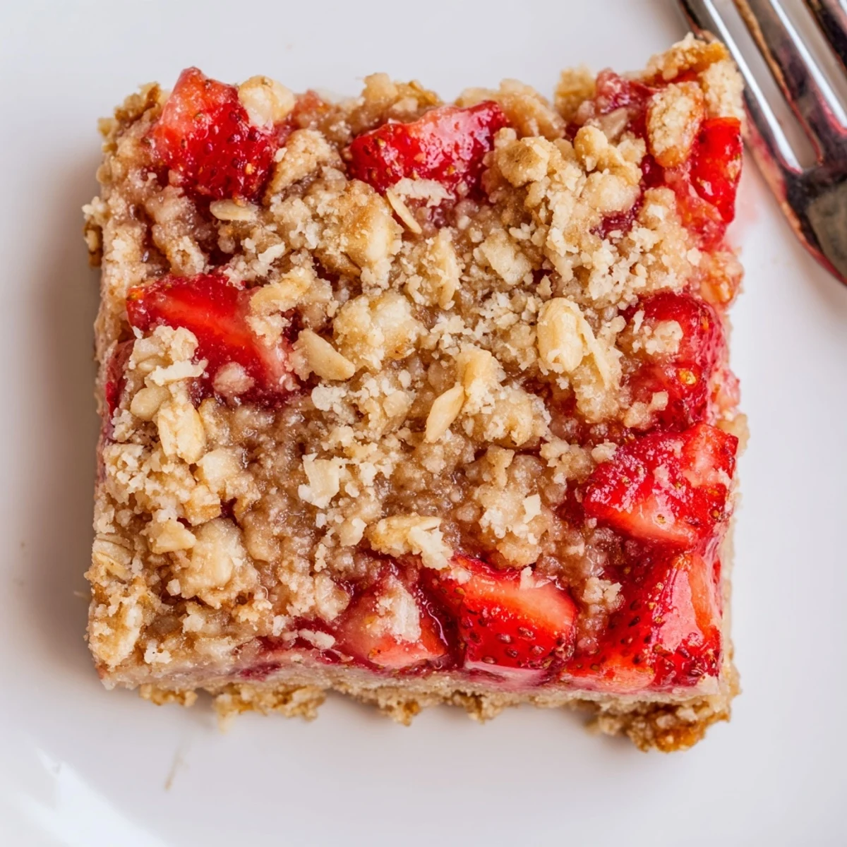 Single square Strawberry Oatmeal Crumble Bars Recipe plated with melting vanilla ice cream