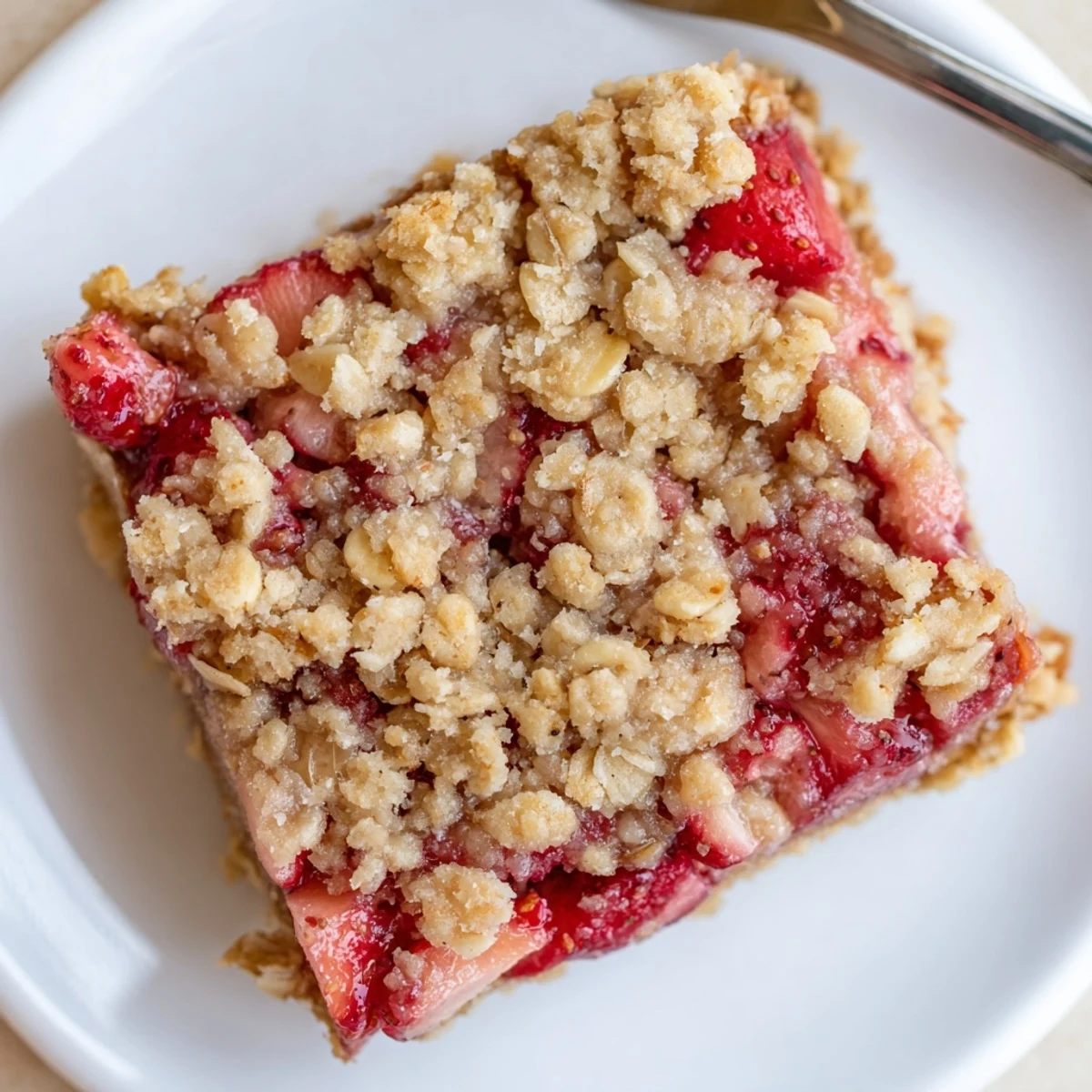 Rustic pan of Strawberry Oatmeal Crumble Bars Recipe bubbling strawberry layer, crunchy crumble