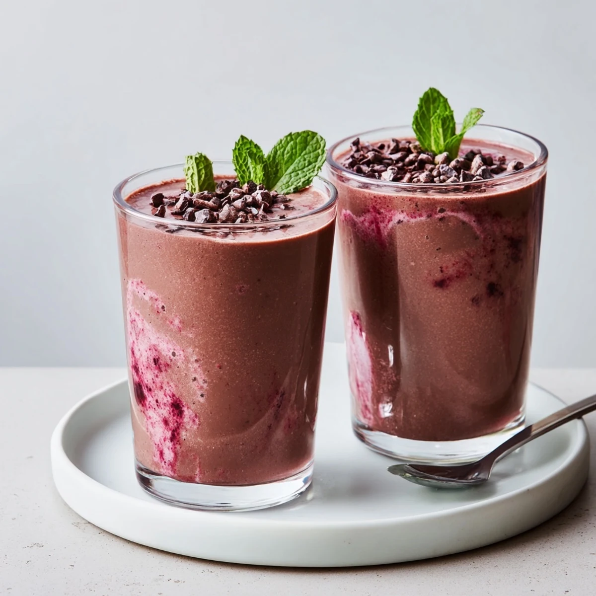 Creamy Chocolate Beet Smoothie poured over ice, sprinkled cacao nibs.