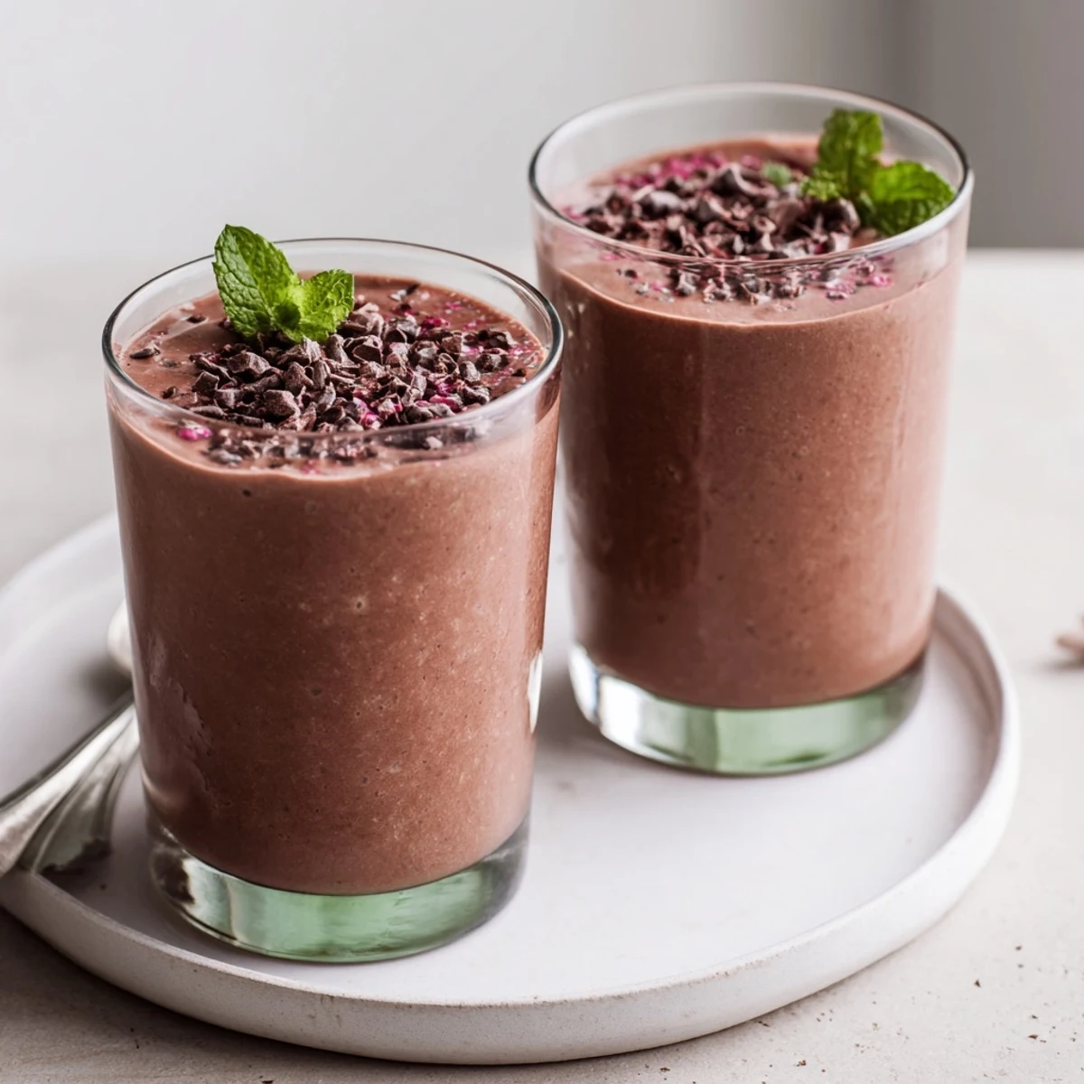 Freshly blended Chocolate Beet Smoothie from high-speed blender, chilled and vibrant.