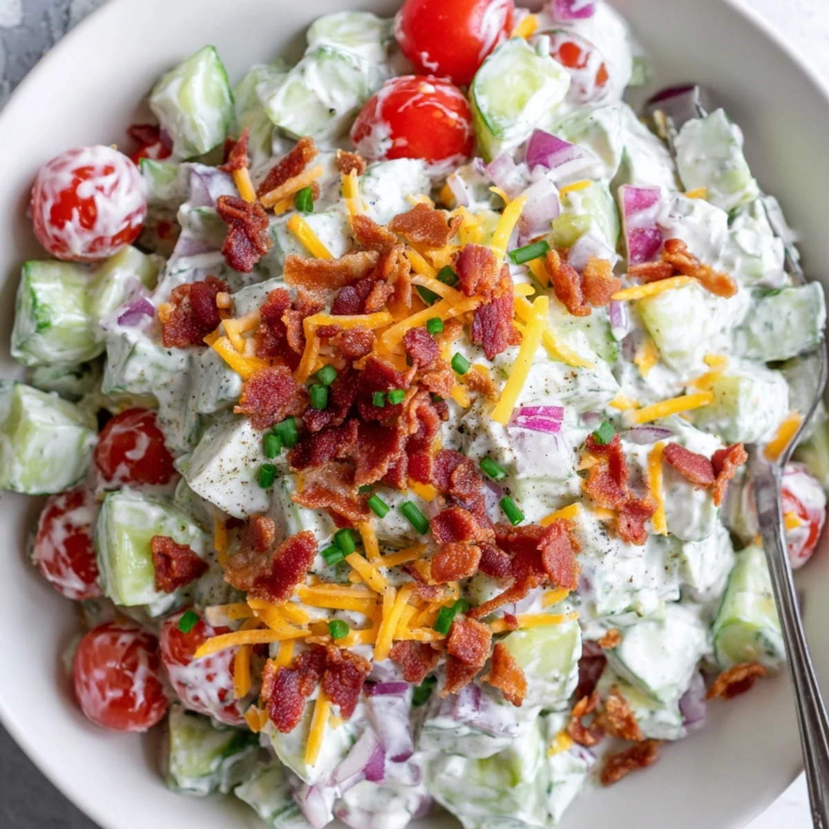 Cucumber Ranch Crack Salad piled in bowl, creamy dressing and crunchy chips
