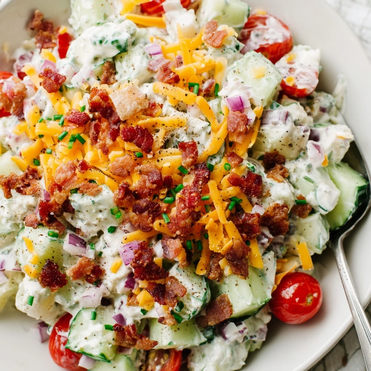 Fresh Cucumber Ranch Crack Salad tossed with herbs, served alongside grilled chicken