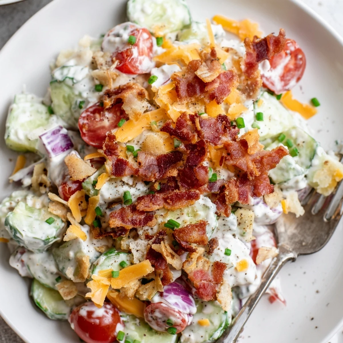 Chilled Cucumber Ranch Crack Salad with smoky bacon, sharp cheddar, picnic-ready