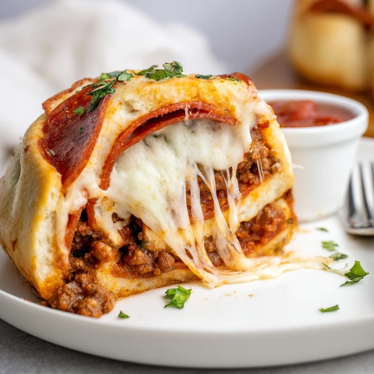 Cheesy Beef Pepperoni Pizza Roll Ups Snack Recipe on parchment, golden and bubbling