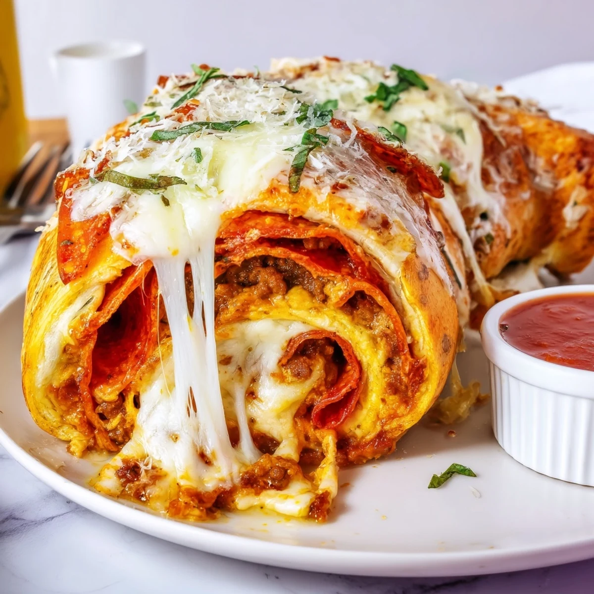 Family-style platter hot and savory Cheesy Beef Pepperoni Pizza Roll Ups Snack Recipe