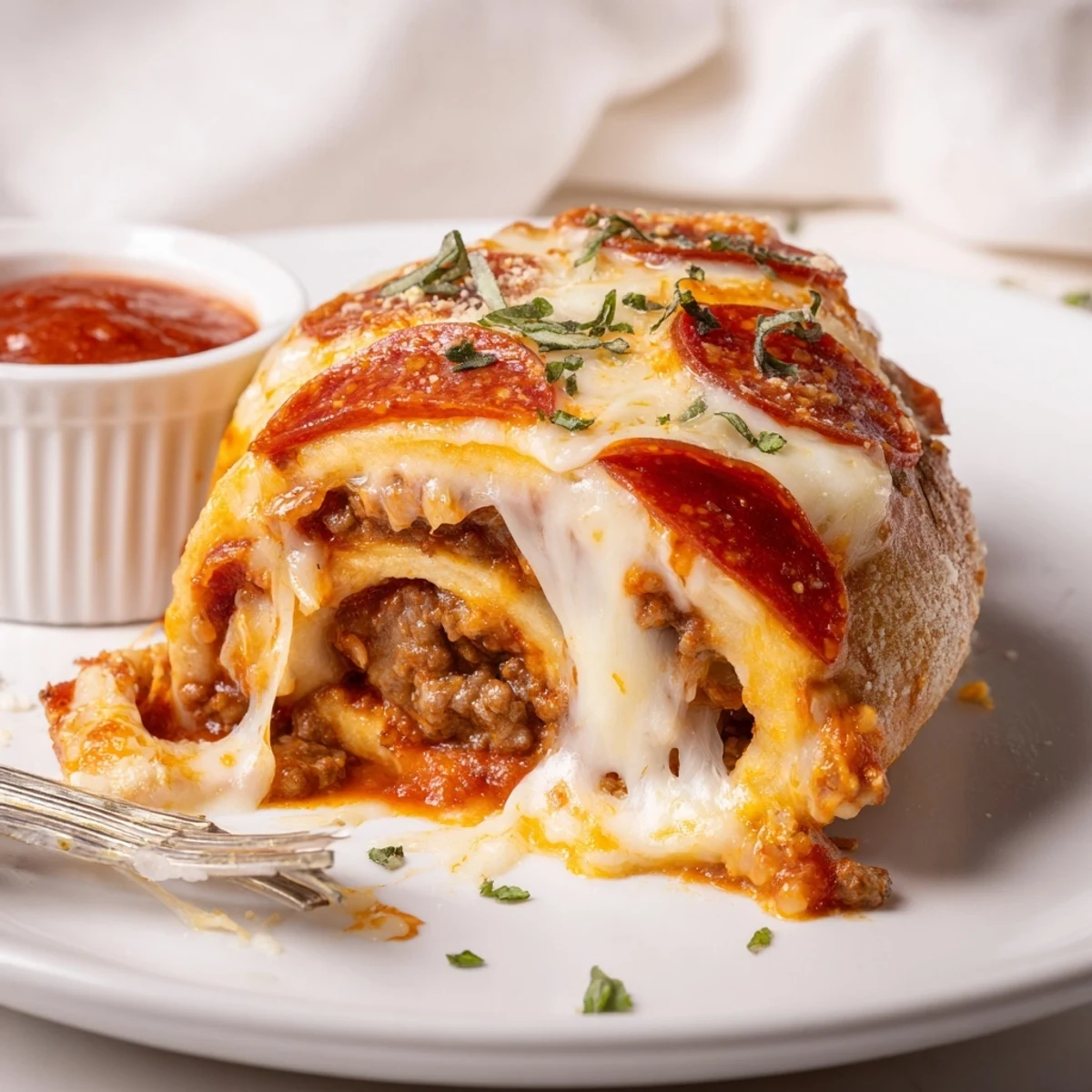 Cheese oozing from freshly baked Cheesy Beef Pepperoni Pizza Roll Ups Snack Recipe