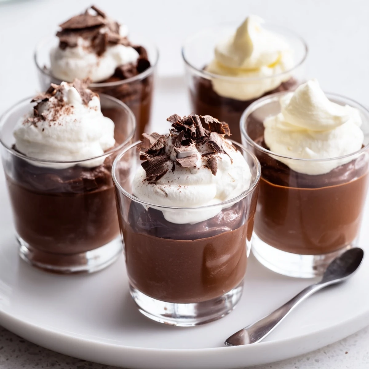 Triple Chocolate Mousse Cups layered in glass, silky textures and shaved chocolate