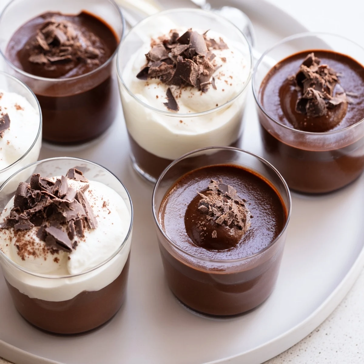 Triple Chocolate Mousse Cups arranged on tray, velvety layers begging to be spooned