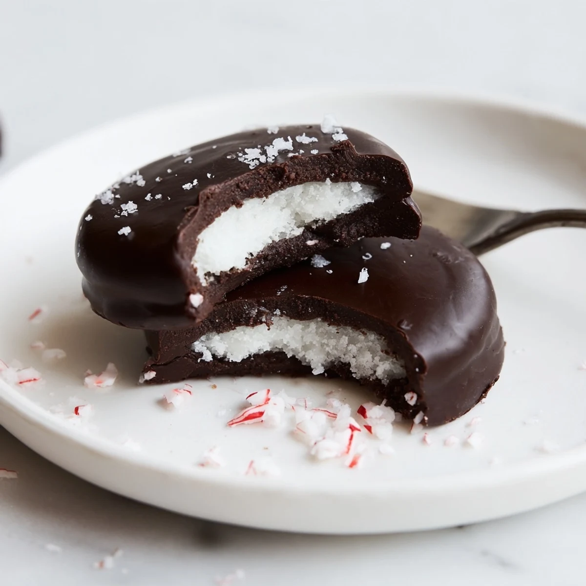 Peppermint Patties glistening with dark chocolate, cool mint centers on parchment.