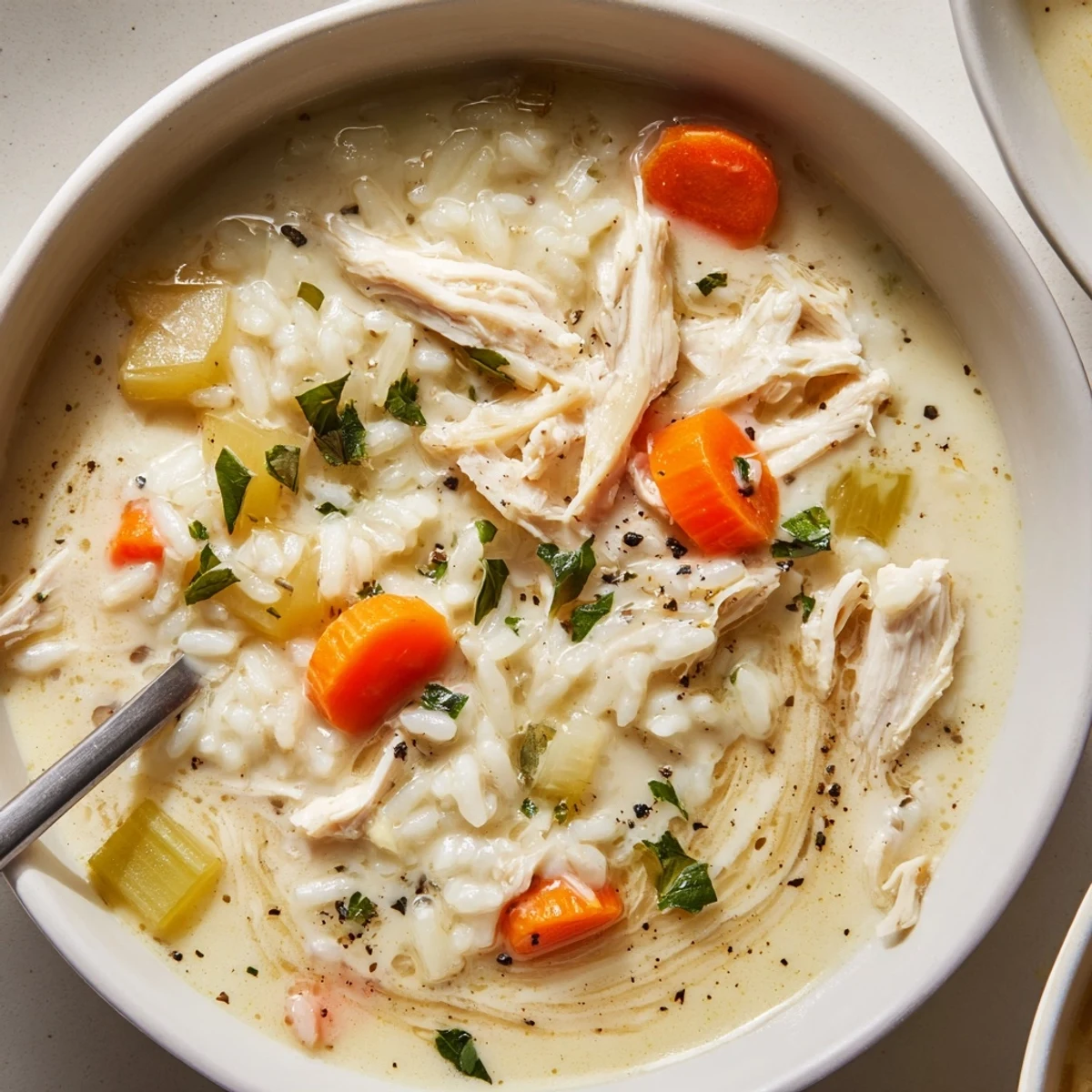 Creamy Chicken Rice Soup steaming in bowl, tender chicken and velvety broth.