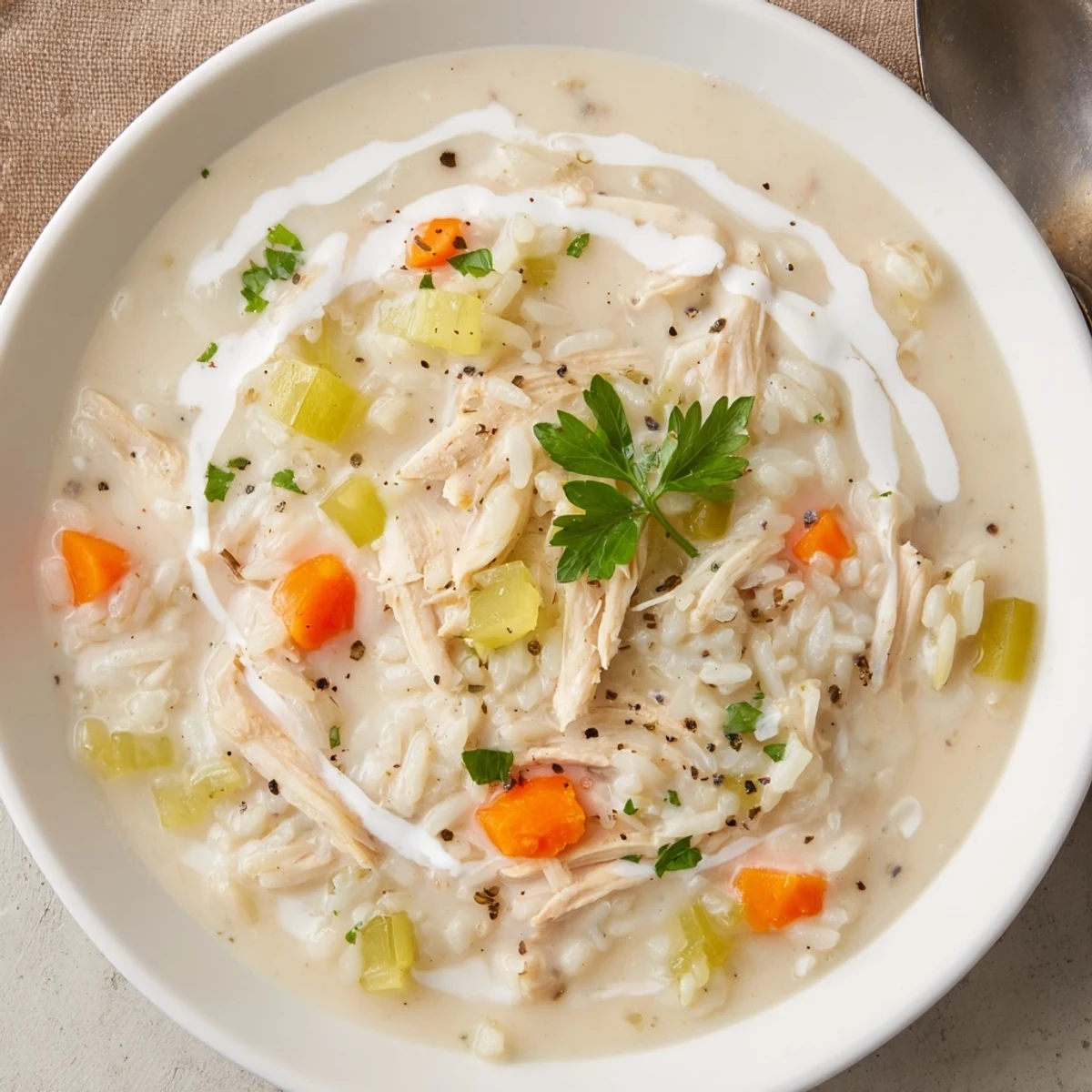 Steaming bowl of vegetables and chicken in Creamy Chicken Rice Soup, comforting.