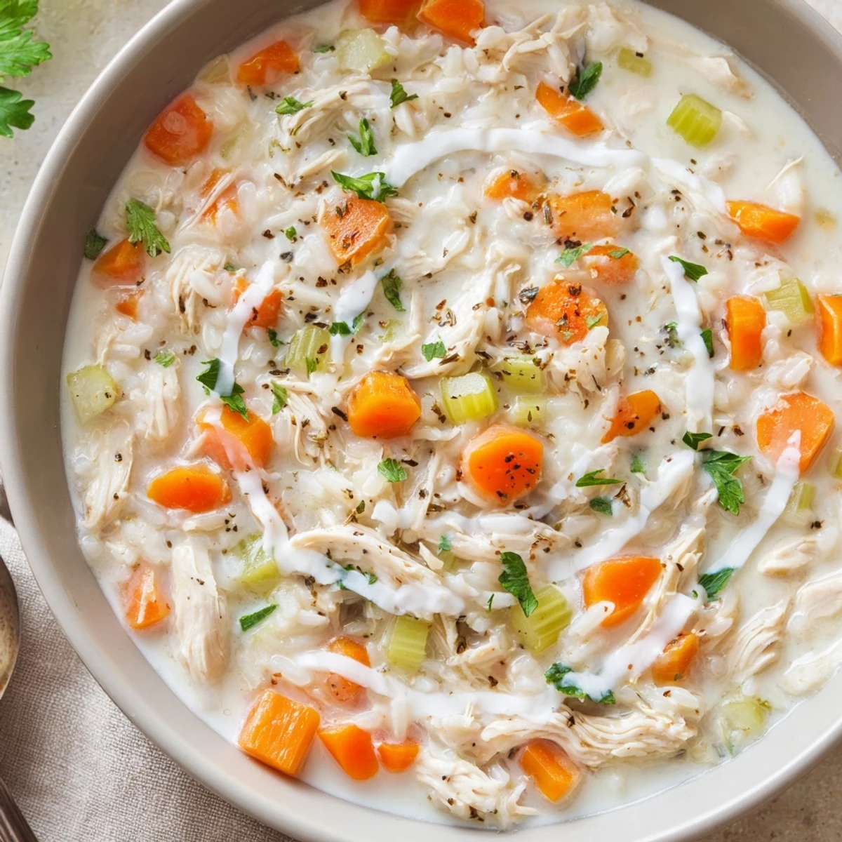 Warm Creamy Chicken Rice Soup ladled into bowl, rice plump and comforting.