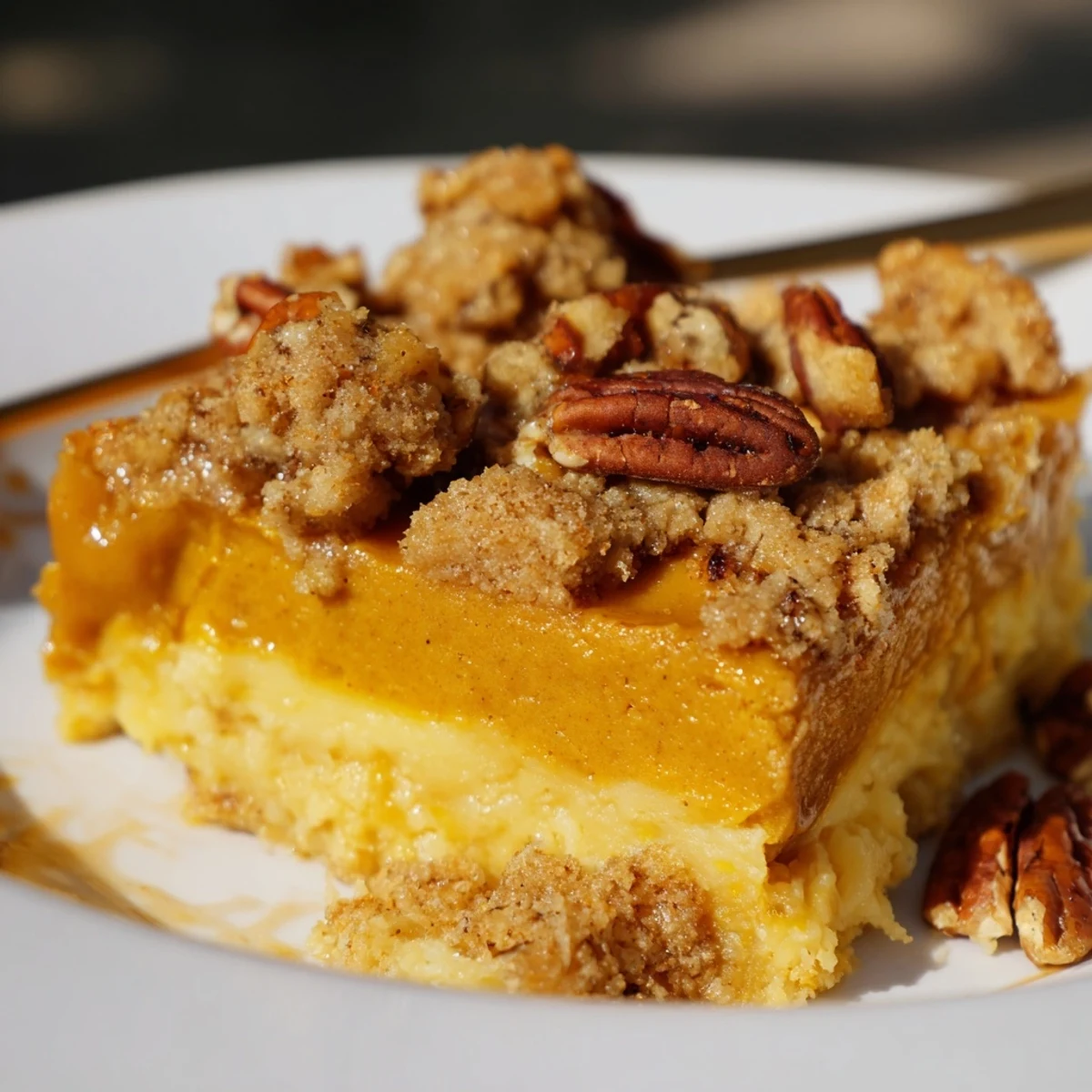 Warm Pumpkin Dump Cake slice on plate with melting vanilla ice cream