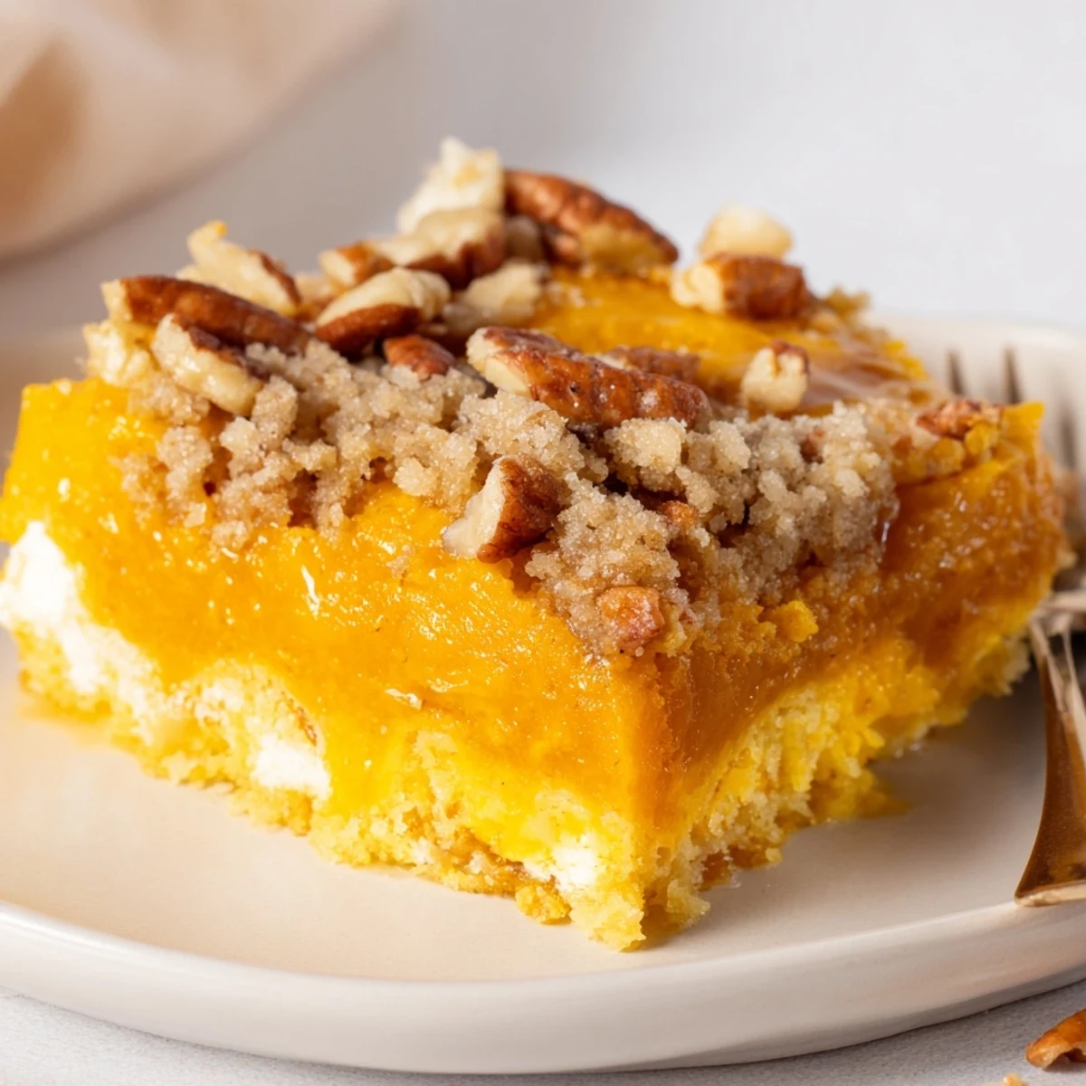 Pumpkin Dump Cake cooling in a pan, golden pecan topping and steam