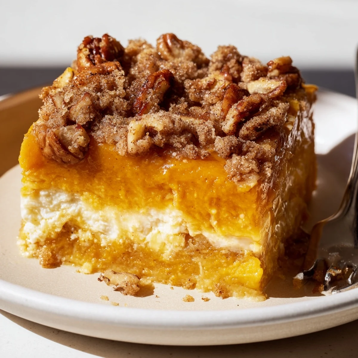 A spoon lifting gooey Pumpkin Dump Cake reveals spiced custard and crunchy topping