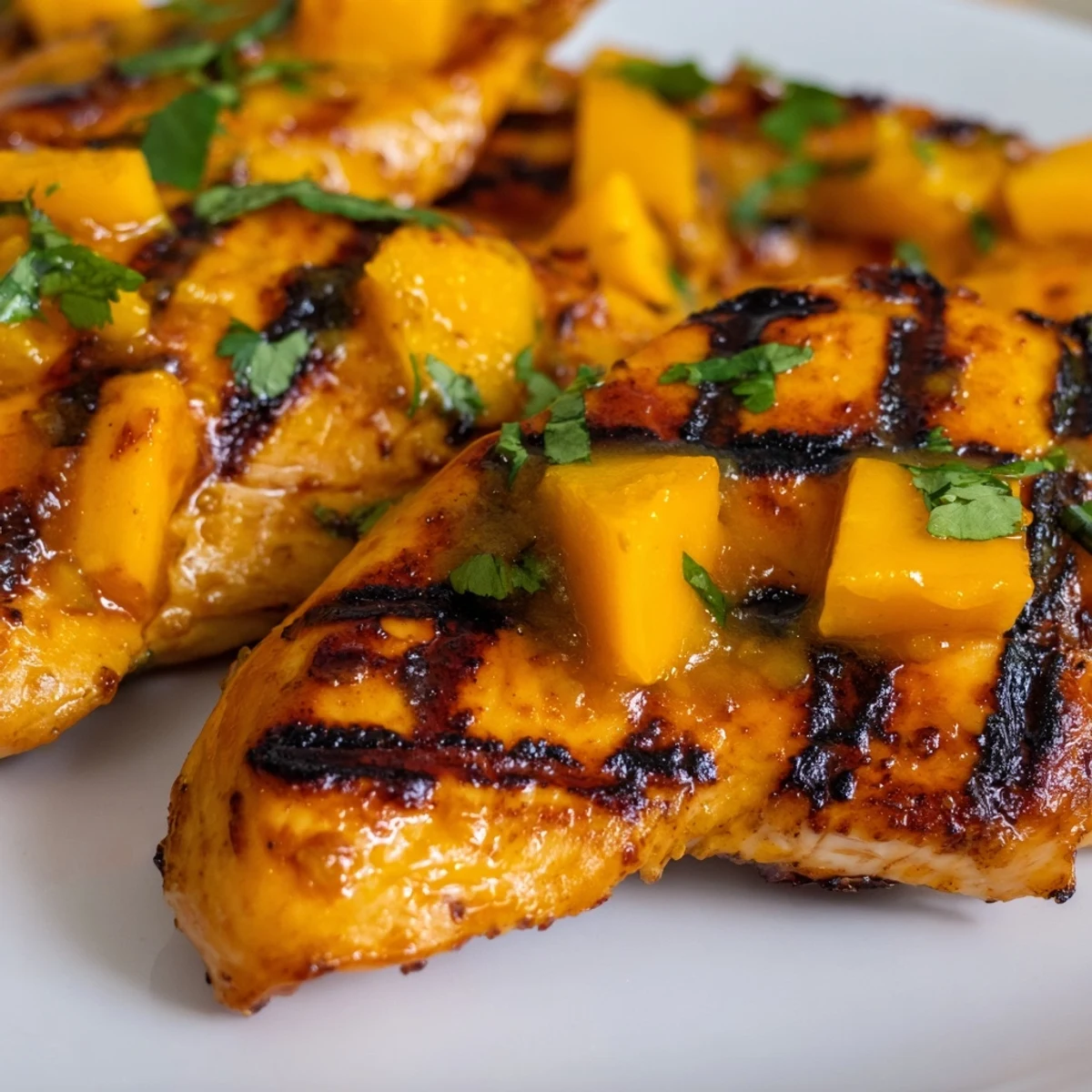 Golden grilled chicken breast glazed with tropical mango lime marinade and fresh cilantro garnish