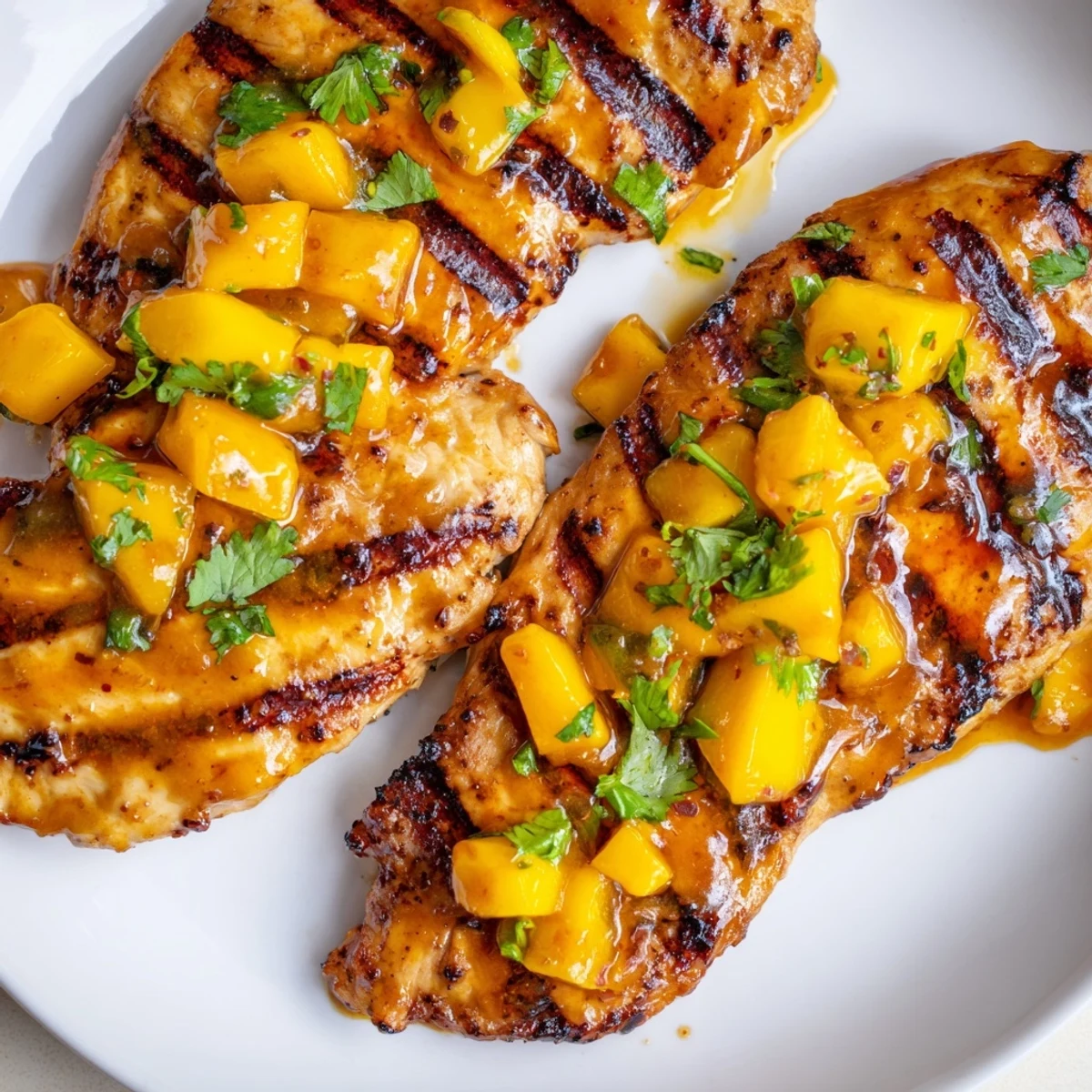 Juicy mango lime chicken on a white plate with grilled char marks and lime wedge