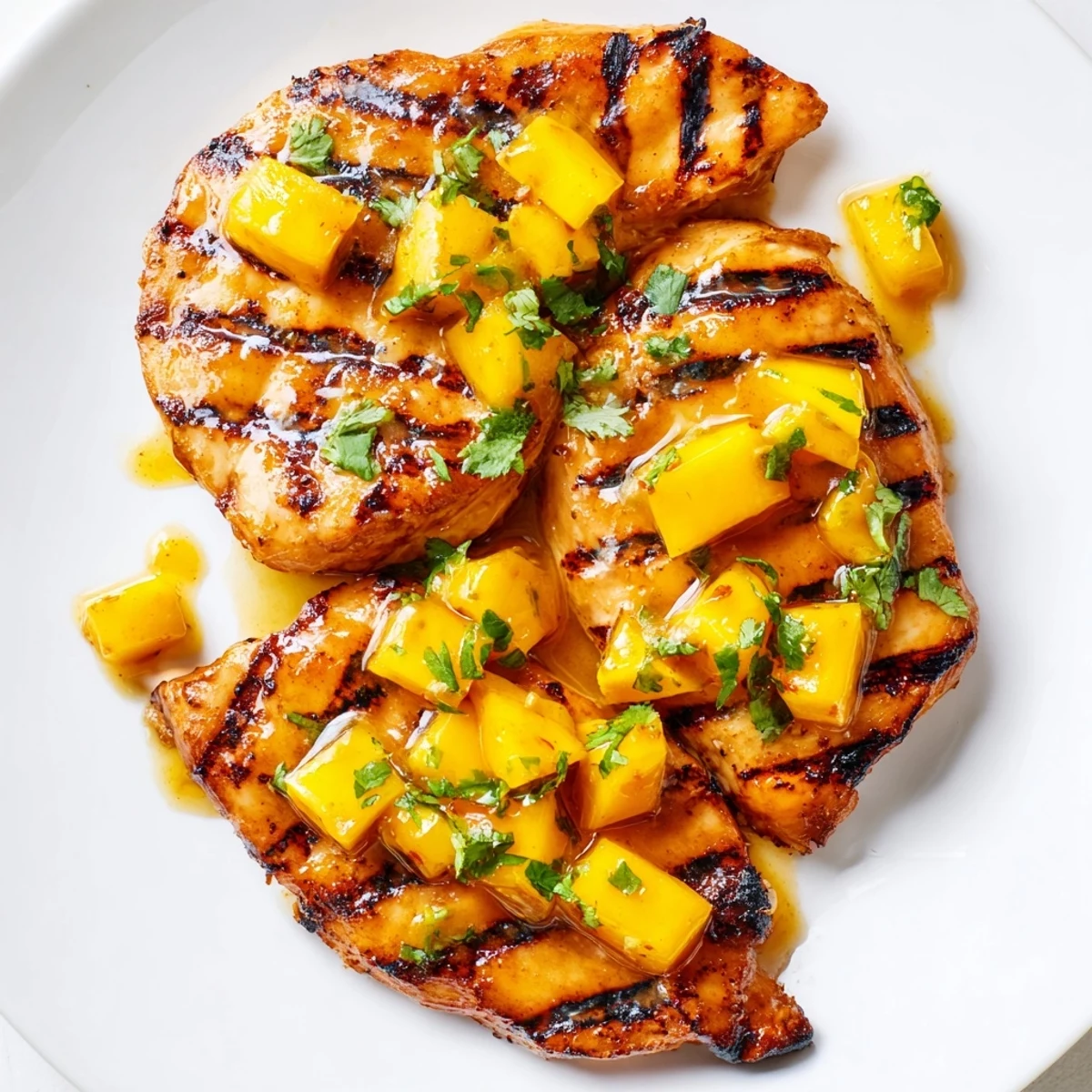 Summer grilled mango lime chicken resting on a cutting board with vibrant green cilantro topping