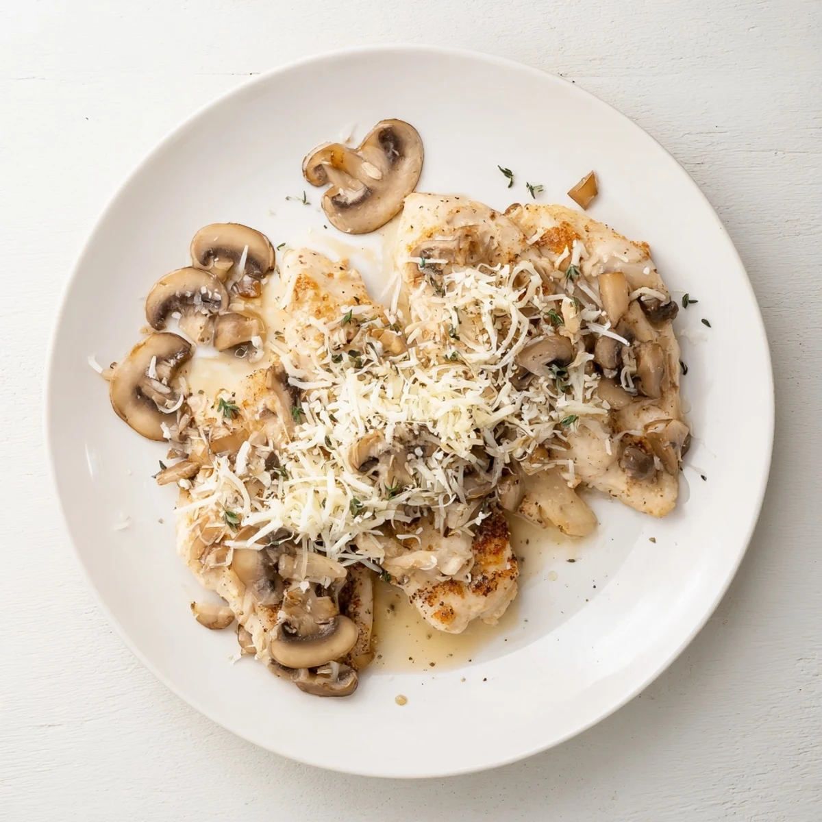 Golden brown cheesy baked chicken with mushrooms served on a white ceramic plate
