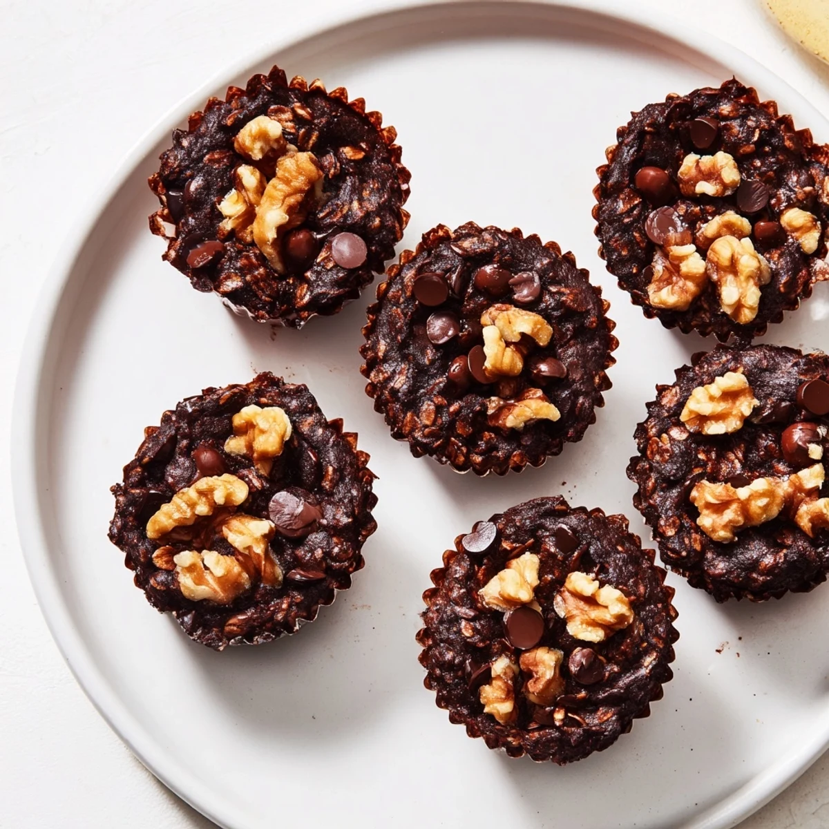 Freshly baked decadent dark chocolate oatmeal cups topped with melty chocolate chips and chopped walnuts