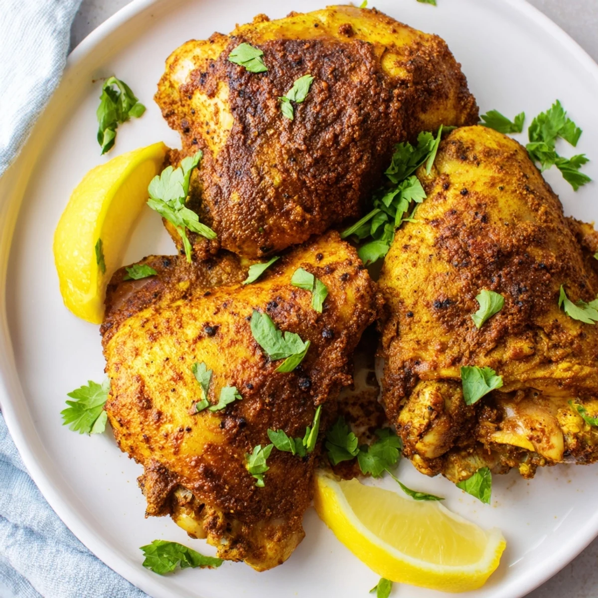 Golden crispy Moroccan spiced chicken thighs garnished with fresh cilantro and lemon wedges on a white platter