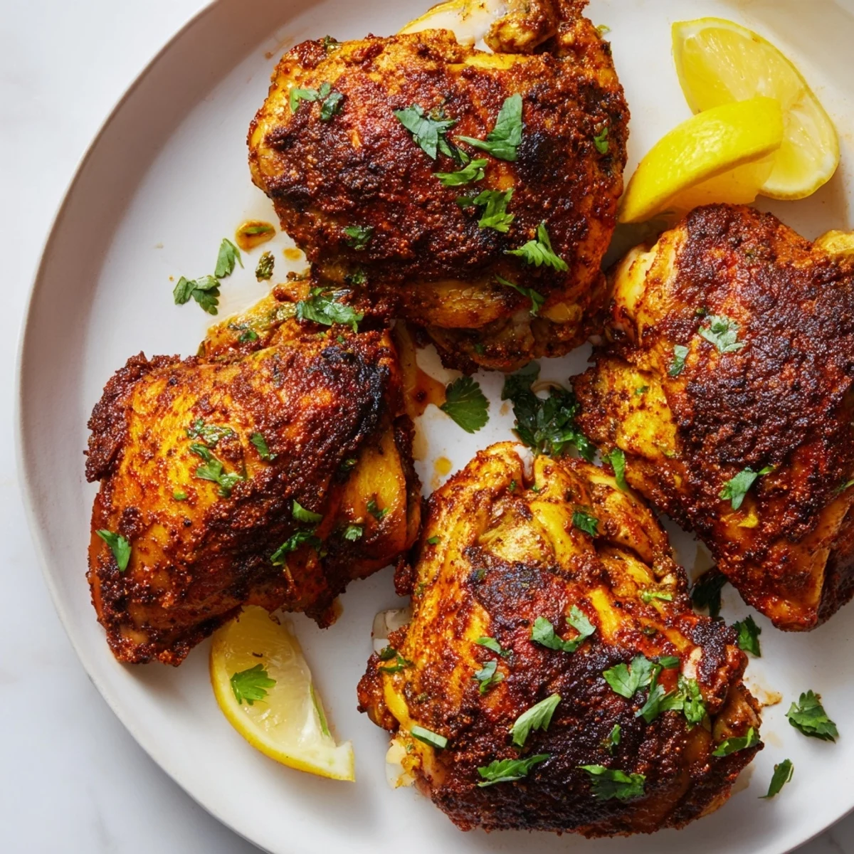 Roasted chicken thighs coated in aromatic Moroccan spices with smoky paprika and cumin served with citrus