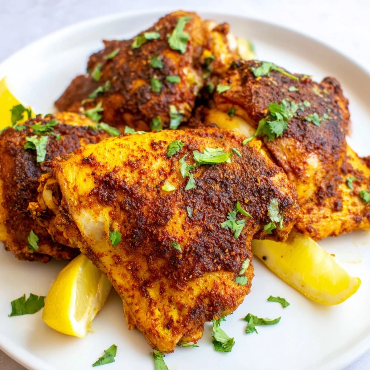 Succulent bone-in chicken thighs marinated in fragrant Moroccan spice blend roasted until golden and crispy skinned