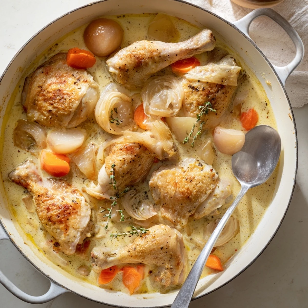 Golden chicken casserole featuring tender meat simmered with sliced apples in creamy cider sauce