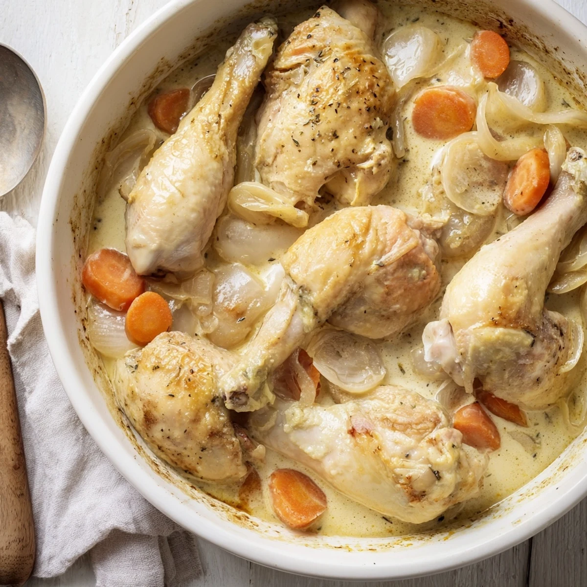 French Chicken Casserole à la Normande served with crusty baguette and fresh thyme garnish