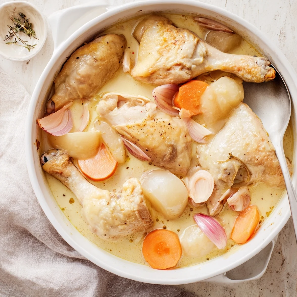 Rustic Dutch oven displaying braised chicken pieces with carrots and onions in rich apple-infused gravy
