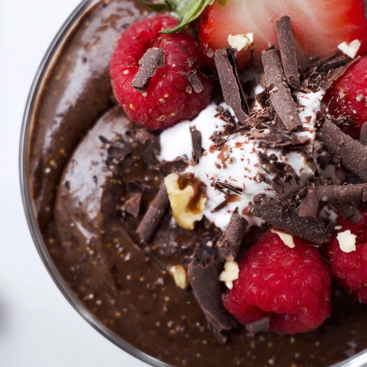 Rich chocolate flaxseed pudding dessert with whipped cream and chopped nuts on a white background