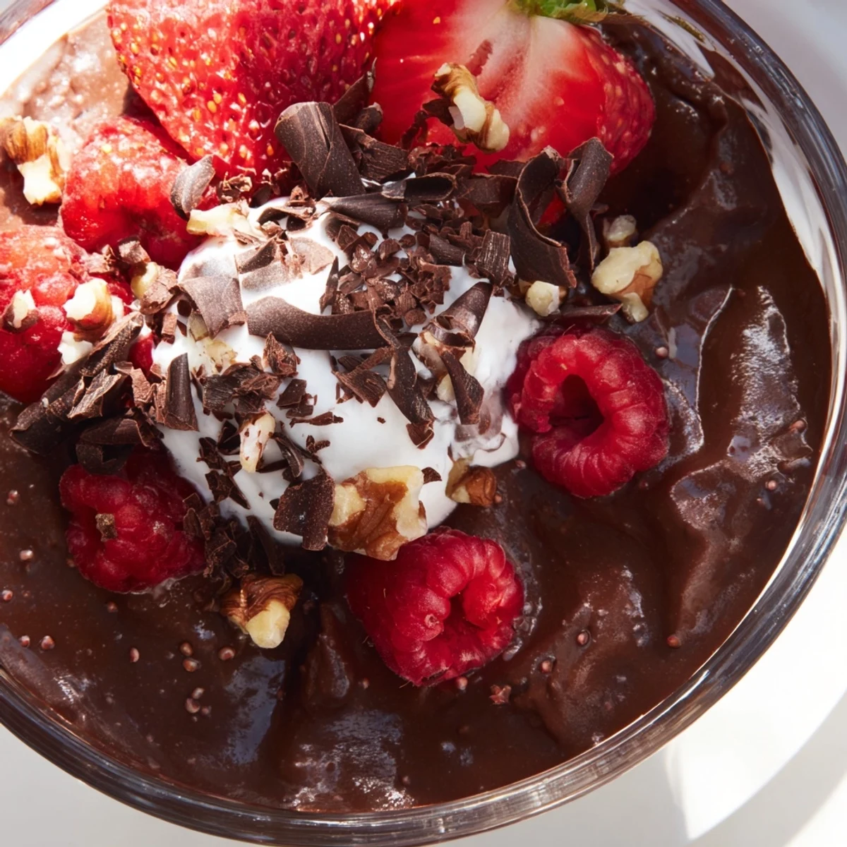 Creamy chocolate flaxseed pudding topped with fresh berries and shaved dark chocolate in a glass