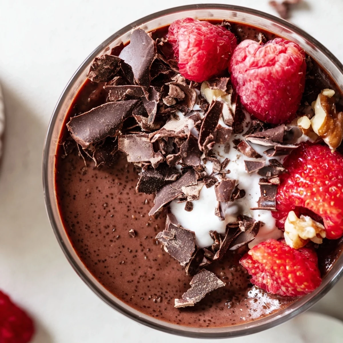 Healthy chocolate flaxseed pudding bowl garnished with raspberries and coconut whipped cream for breakfast