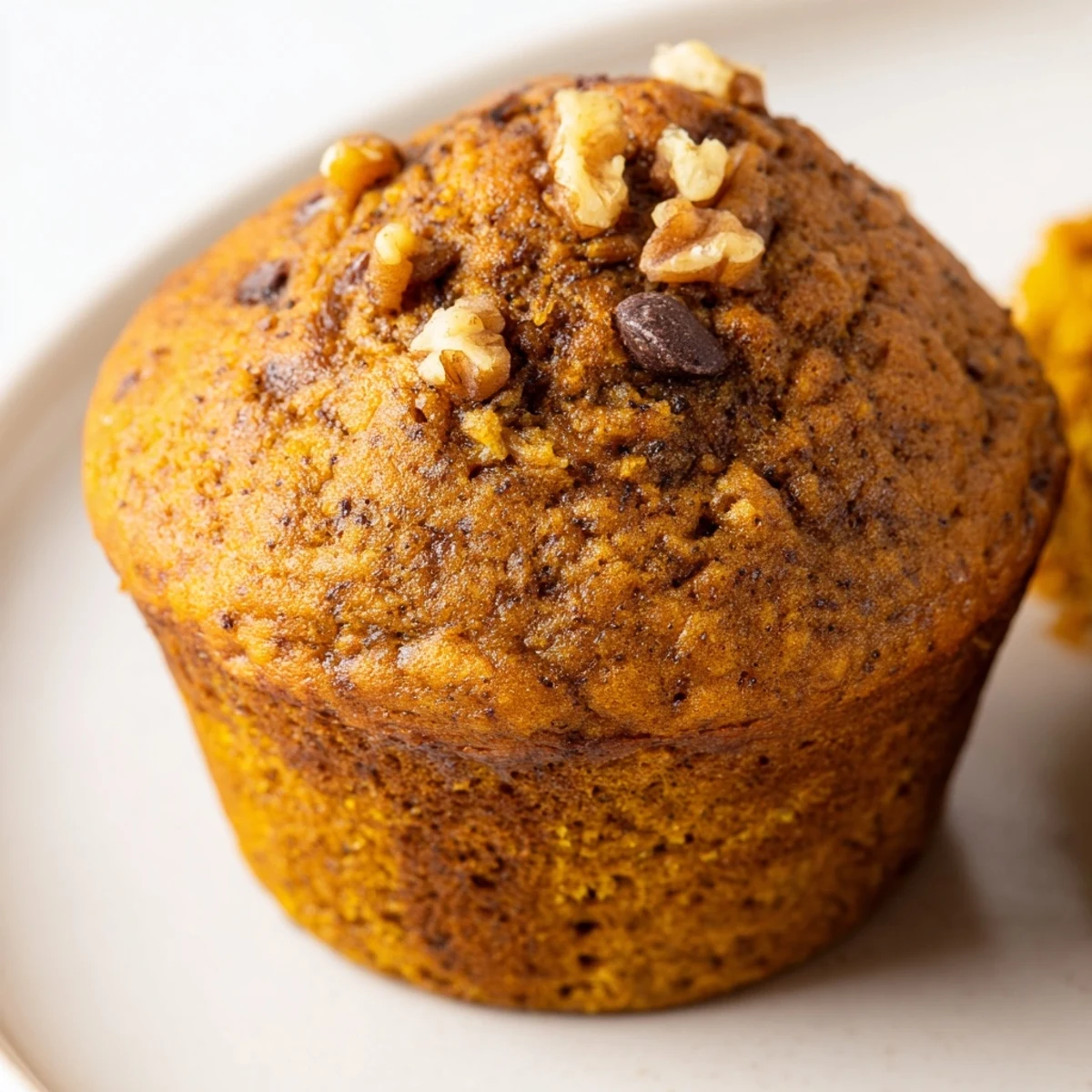 Moist pumpkin banana muffins fresh from the oven, drizzled with maple syrup and sprinkled with walnuts